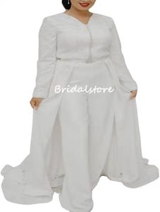 Vit Caftan Algerian Bröllopsklänning 2022 Plus Storlek Långärmad Jumpsuit Boho Bridal Klänningar med Pantsuit Beadd Lace Muslim Bride Party Gowns Sexig Robe de Mariée