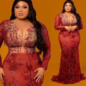 2022 Plus Size Arabic Aso Ebi Red Mermaid Luxurious Prom Dresses Lace Beaded Crystals Evening Formal Party Second Reception Birthday Engagement Gowns Dress ZJ267