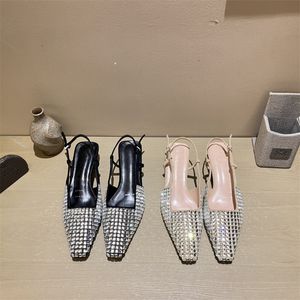 Womens Designer Dress Shoes High Heels Ballerina Dance Fashion Sexy Cat Heel Mesh Rhinestone Pointed Toe Flat Leather Ladies Wedding Party Shoes Sandals