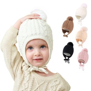 Baby grejer tillbeh￶r hatt s￶t vinter varma barn flickor pojkar baby fasta hattar stickade ull hemming m￶ssor med fuzzy boll