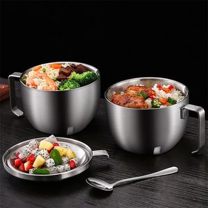 High Quality Double Wall Noodle Bowl 304 Stainless Steel Soup Bowl With Cover Students Dinner Bowl Ramen Bowls 220408