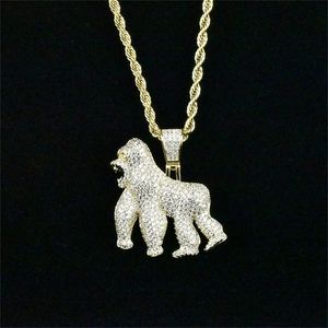 Men Iced Out Bling Ape Zircon Pendant Necklace Hip Hop Rock Gold Silver Color Jewelry Gift with Stainless Steel Chain Necklace 201013