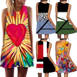 Женское летнее мини -платье элегантное любовь сердца геометрическое печатное рукавочное без рукавов Es Casual Vintage Maxi Es Partywear 220713