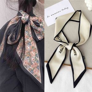 2021 Solid Brev Hår Scarf Kvinnor Skinny Silk Satin Ribbon Desiger Neck Tie Girls Handväska Wirst Belt Headscarf Tillbehör