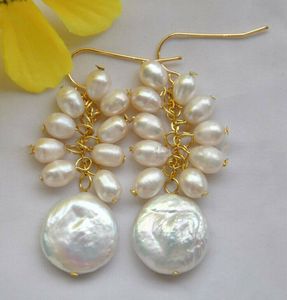 6 mm Rice mm Coin White Freshwater Pearl Dangle Gold Hook Earrings