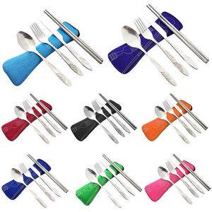 4 Pcs/Set Stainless Steel Fork Spoon Chopsticks Travel Camping Cutlery Tools Tableware JAN88 Y220530