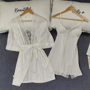 Kadınların pijama beyaz gelin nedime düğün robe dantel içi boş out gece günlüğü kadın kimono bornoz elbisesi iki parça set seksi lingeriewomen '