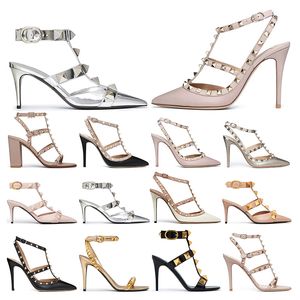 Wholesale lace up high heel womens resale online - Designers high heel Dress Shoes Ankle Strap Roman Stud black nude white with Rivets womens stiletto chunky heels CM pointed open toes fashion size