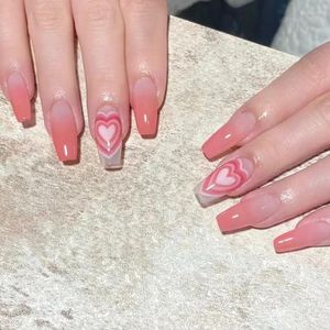 Unghie finte 24 pezzi sfumatura rosa stampa sul chiodo dolce amore cuore design falso per ragazza donna copertura completa salone manicure arte fai da te Prud22