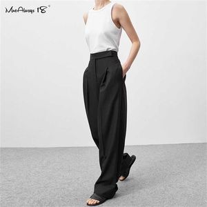 Mnealways 18 Frühling Sommer Schwarz Damen Büro Hosen Frauen Hohe Taille Hosen Taschen Weibliche Gefaltete Breite Bein Hosen Solide 2022 211218