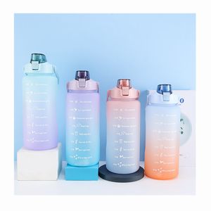2L Large Capacity Water Bottle with Straw Gradient Color Matte Plastic Sports Portable Drop-proof Cute Botle W0