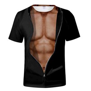 Herr 3D-t-shirt kroppsbyggande simulerad muskel tatuering t-shirt casual naken hud bröst muskel tee skjorta roliga korta ärmkläder l220704