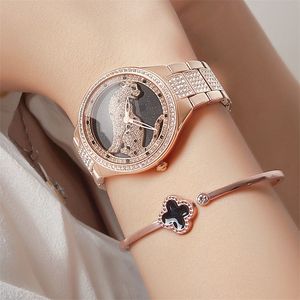 Nowy geparda 3D Full Diamond Stal Bracelet Watch Watch Women Quartz Watch Lady Top Brand Watches Watch Waterproof Clock T200420