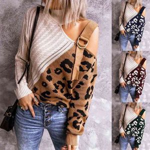 New Stylish Women Leopard Print Patchwork Turtleneck One Shoulder Sweater Twist Knitted Pullover Tops L220705