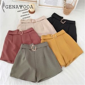 Genayooa Office Elastic Waist Shorts Women Mini High Waist Shorts with Belt Wide Leg Summer Harajuku Korean Short Feminino 210306