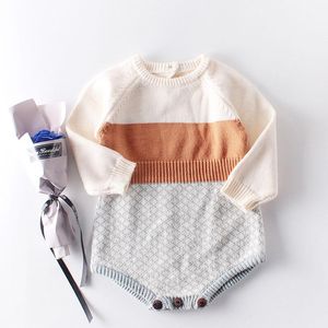 Rompers Baby Retro Stitching Knitted Jumpsuit Autumn Winter Infant Kid Girl Boy Clothes Romper OutfitsRompers