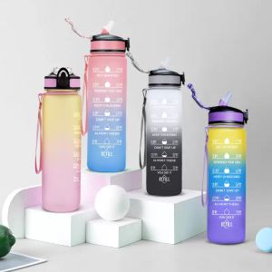 Sport Water Bottle 1000ML Spray Straw Space Cup With Time Scale Bounce Cover Cycling Fitness Jugs BPA Free Bottle Drinkware