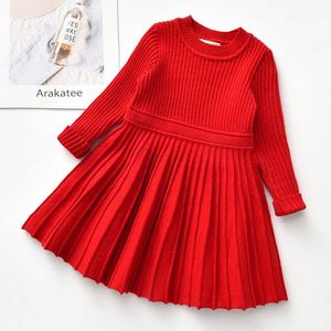 Flickans klänningar Baby Girls Sticked Christmas Sweaters Dress Kids Solid Ribbed Princess Party Clothes Winter Autumn Fashion Cute Costumesgirl '