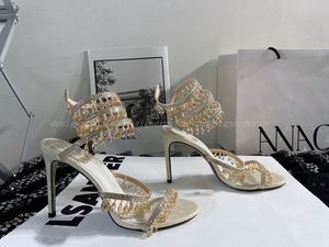 Damskie luksusowe designerskie klapki japonki sandały 20SS Crystal Serpentine sukienka buty Sexy strass Cleo sandały szpilki na imprezę rc sandały RENE