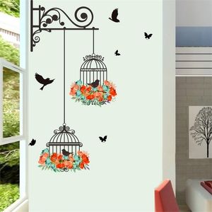 Färgglada blommor Birdcage Flying Birds Wall Sticker Creative Home Decor vardagsrum Dekaler TAPPETER Bedroom Nursery Window Decor 220727