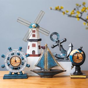 Ocean Ship Tuo Retro Piccoli ornamenti Forma di terra Ancora Orologio Arredamento per la casa Soggiorno Sala da pranzo Armadietto del vino Ornamenti Cr