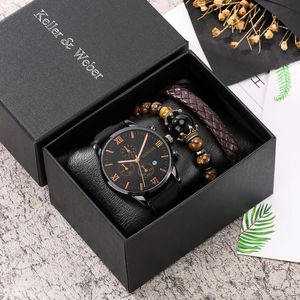 Wristwatches Men's Watch Bracelet Set Quartz Watches Retro Black Leather Wristwatch Gifts For Dad Husband Boyfriend With BoxWristwatches