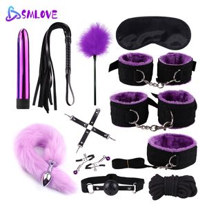 SMLOVE BDSM Kits Anal Schwanz Plug Erwachsene sexy Spielzeug für Frauen Männer Erotische Handschellen Peitsche Kragen Nippel Klemmen Set Bondage