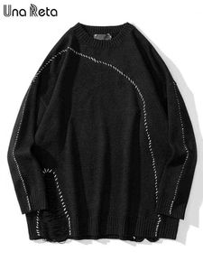 Una Reta Men's Sweater Autumn 2022 Men kläder Hip Hop Holes Sticked tröja Streetwear Casual Solid Pullovers Par tröja T220730