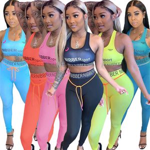 Letter Printing Yoga Fitness Tracksuits Women Summer Skinny Tennis Piece Set Outfits Sleeveless Crop Top and Legging Bulk Items Clothing Klw9427