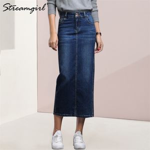 Streamgirl Kobiet Dżinsowa spódnica długa saia dżinsy damskie spódnice dżinsowe dla kobiet Summer vintage czarne długie spódnice SAIA 210315