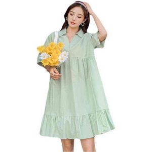 Estilo coreano Vestido de maternidade solta colar de manga curta Moda doce de gola doce vestido de mulher e tamanho de mulher vestido fofo j220628