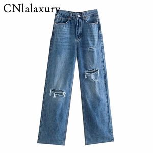 cnlalaxuryの女性シックなファッションリッピングホールワイドレッグジーンズビンテージハイウエストジッパーフライメスデニムズボンパンツミュージャー220330