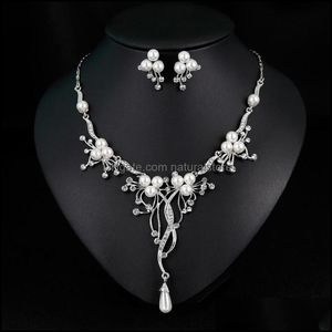 Pearl Bridal Jewellery Sets toptan satış-Küpe Kolye Takı Setleri Düğün Gelin Sier Kaplamalı Rhinestone İnci Moda Seti trend Mücevherat Kadınlar Delir