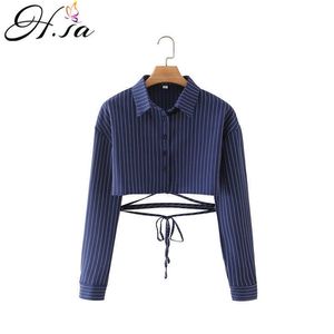 HSA Spring/Summer Chiffon Shirt Women Casual Fashion Striped Print Long Sleeve Loose Tie Bow Blue Lady Tops 210716