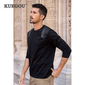 Kuegou 2022 Bahar% 100 Pamuklu Sade Siyah Tişört Erkekler İnce Tshirt Marka Uzun Kollu T-Shirt Erkek Giyim Plus Boyut Tee Tops 60046 T220808