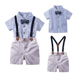 Yaz yürümeye başlayan çocuk bebek erkekler giyim setleri kısa kollu papyon gömlek jartiyerleri şort pantolon resmi beyefendi takım elbise