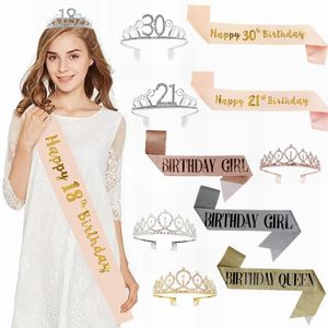 Party Decoration Birthday Satin Sash With Crystal Crown 18 21 30 40 50 Rose Gold Silver Adult Happy 8z