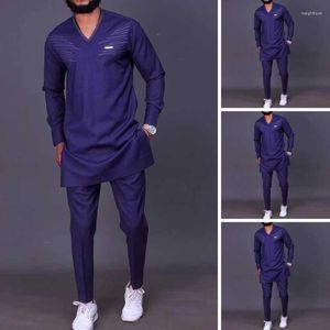 Men's Tracksuits Dashiki Men Outfit 2Piec Man Set African Clothing Elegant Blue Up Suit And Down Long Sleeve Shirt Trouser Social SuitMen's