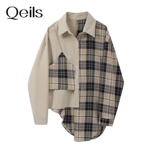 Qeils Donna Primavera Autunno Plaid Irregolare Split Joint Camicetta Risvolto Manica lunga Camicia ampia vestibilità Moda 210401