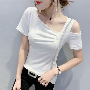 Kvinnors t-shirt #6294 Vit svart av axel t-skjorta kvinnor skev krage sexiga korta ärmar bomullsslim sommar diamanter
