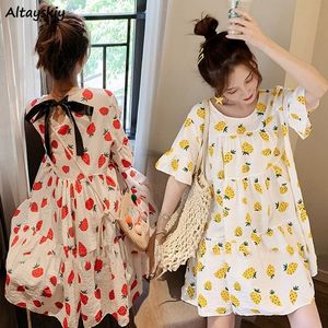 Mini Dresses Women Strawberry-print Japanese Style Chic Leisure Loose Kawaii Juvenile Simple Harajuku Teen Girls College Summer