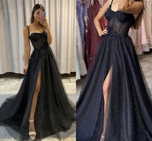 2022 Sparkly Black Tulle Formal Evening Dresses Elegant Womens Sexy High Split Side Spaghetti Strapless 3D Flowers Applique Prom Dress African Girls Party