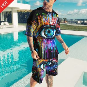 Style Men 2 Piece Set Summer Fashion T-Shirt Shorts Tracksuit 3D Print Scary Eyes Casual Shorts Tops Trend Male Clothes 220708