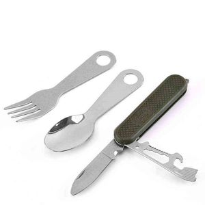 3pcs/set Multi Tool Portable Picnic Outdoor Camp Spoon Fold Spork Fork Flatware Tableware Knife Cutlery Bottle Can Opener Y220530