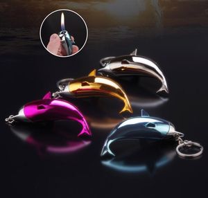 Newest Dolphin Shaped Fire Lighter Keychain Ring Inflatable No Gas Metal Cigar Butane Cigarette Flame Lighters Smoking Tool Home Decorative