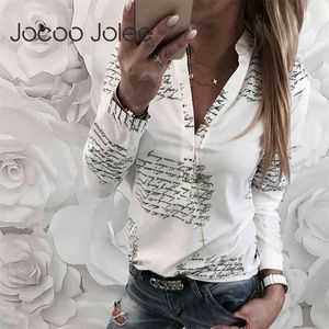 Jocoo Jolee Women Fashion V Neck Long Sleeve Sexig Beach Blus Shirts Casual Letters Printed Tops Slim Fit Shirts Plus Size 210326