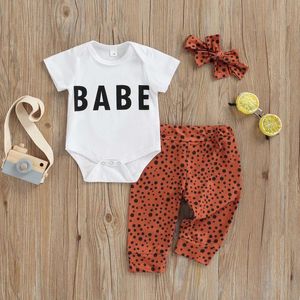 Set di abbigliamento CitgeePagliaccetto estivo per neonate Set maniche corte Lettere Stampa Puntini Pantaloni Bowknot Fascia per capelli Vestiti