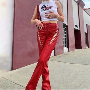 Chique Hollow Out Bandage Sexy Summer Red Leather Club Clubes Slim Straight calças FAUX PU Y2K CAIS HIA