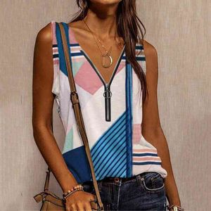 2022 Summer Tank Tops Women Cartoons Abstract Face Print Sleeveless Shirts Casual Loose Zipper V-neck Vest Harajuku Tank Shirts L220706