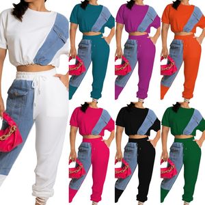 Damskie dresy projektanta odzieży 2022 Dwuczęściowe spodnie dżinsowe Zestaw splicing Sportswear z krótkim rękawem i koronkowymi spodniami